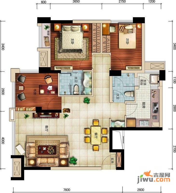 正成城市乐章3室2厅2卫90.3㎡户型图