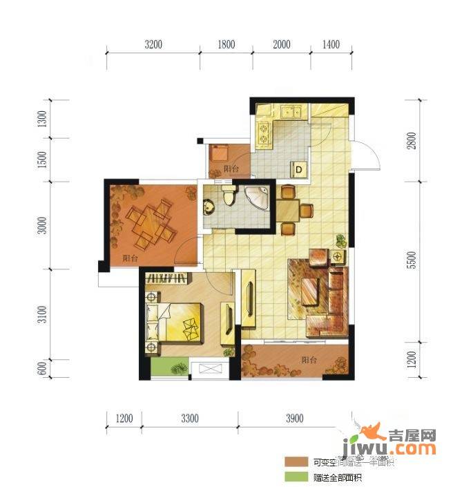 鑫苑名家二期1室2厅1卫64㎡户型图