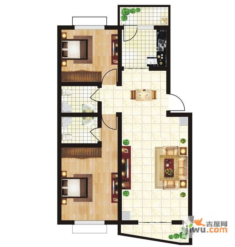 鹤都花园2室2厅2卫96.3㎡户型图