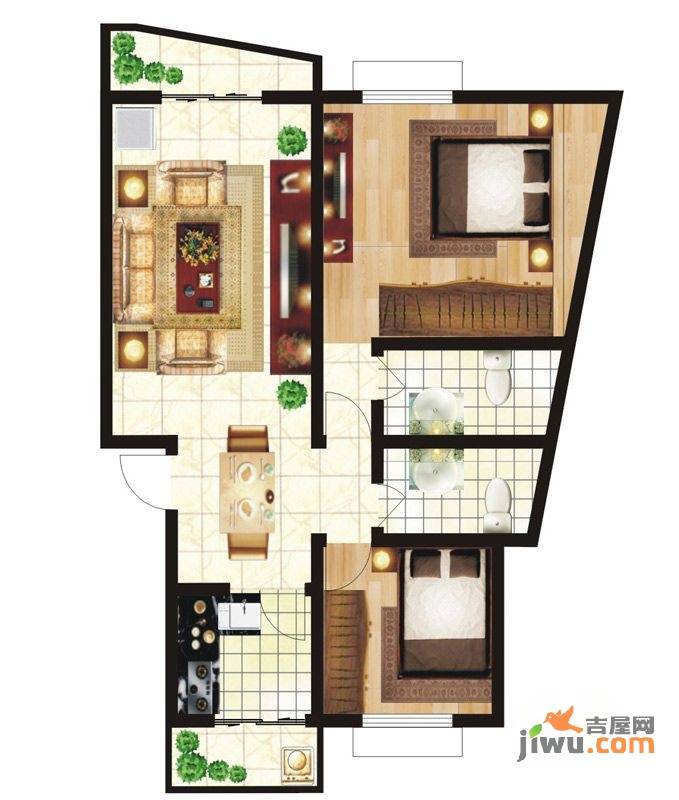 鹤都花园2室2厅2卫109.5㎡户型图