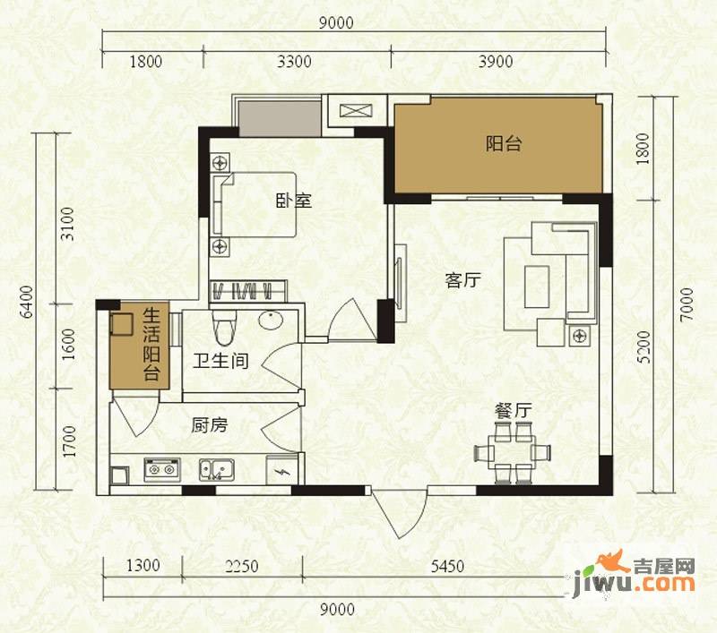 沙河上一期1室2厅1卫59.8㎡户型图