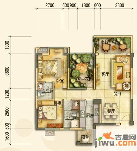 旺府豪庭2室2厅1卫95.7㎡户型图