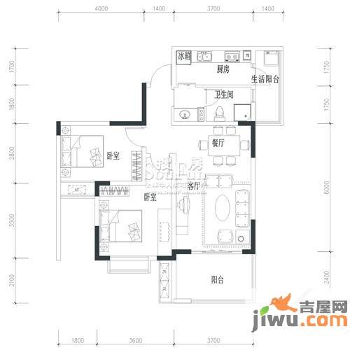 优客联邦一期2室2厅1卫84㎡户型图