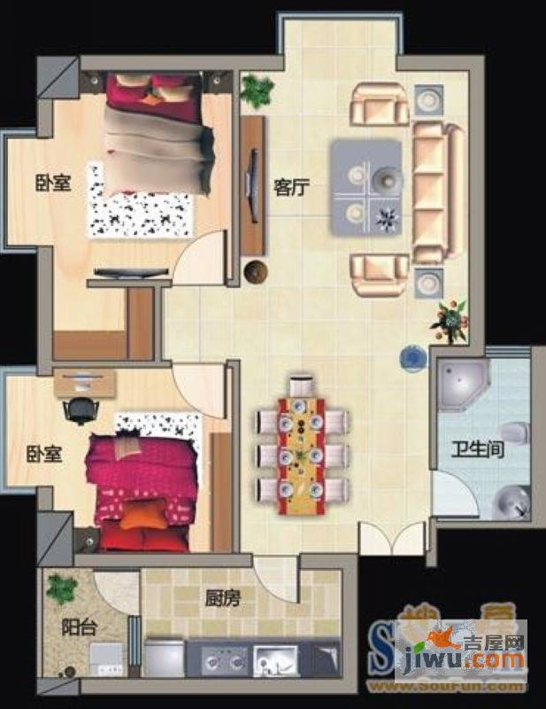 金府SOHO2室2厅1卫90.7㎡户型图