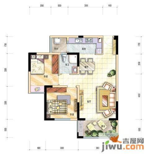 一里阳光3期春天里2室2厅1卫77.3㎡户型图