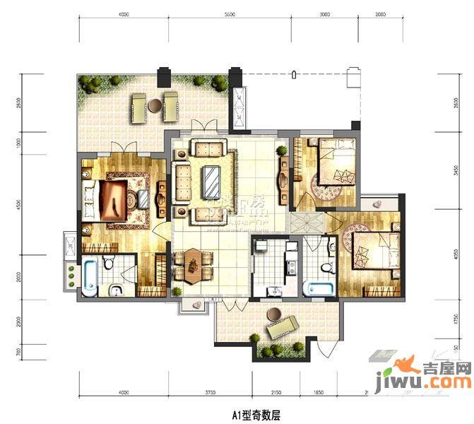 中新公园大道3室2厅2卫131.2㎡户型图