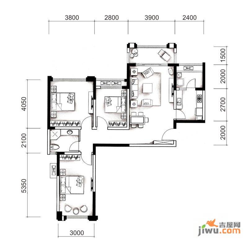 城南优品道广场3室2厅1卫103㎡户型图