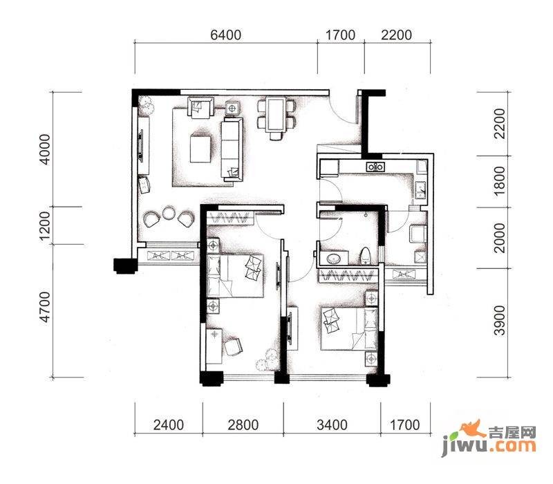 城南优品道广场2室2厅1卫83㎡户型图