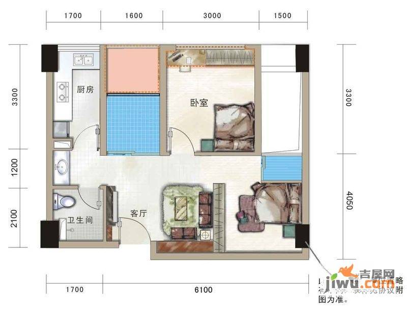 汇融新贵公馆2室1厅1卫52.6㎡户型图