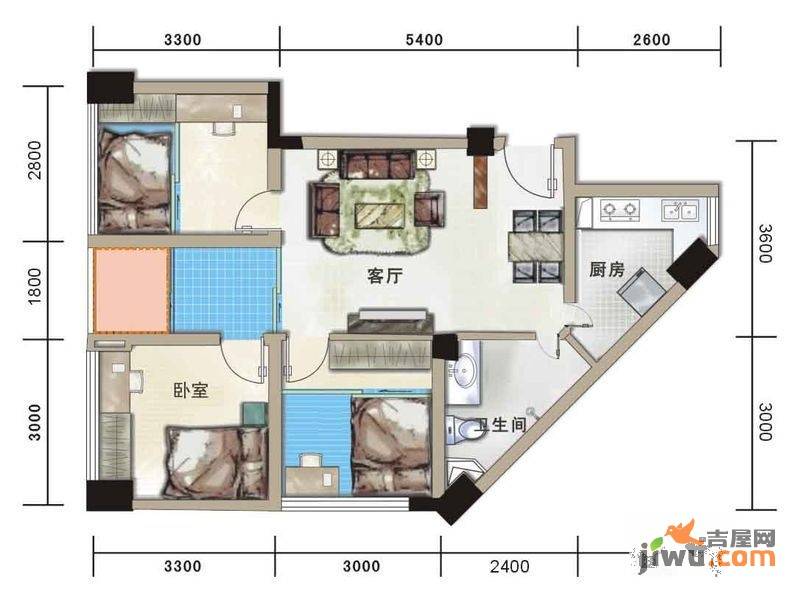 汇融新贵公馆3室2厅1卫65.3㎡户型图