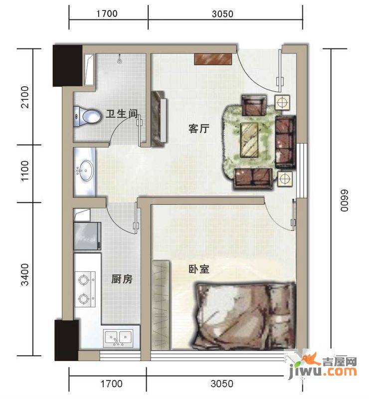 汇融新贵公馆1室1厅1卫35.3㎡户型图