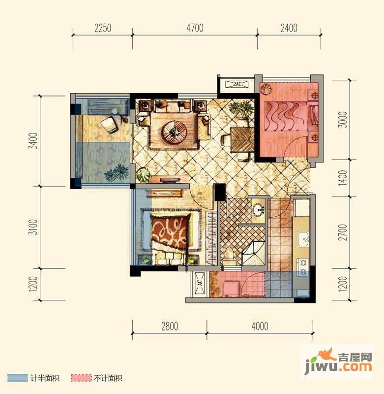 蓝光COCO金沙一期2室2厅1卫57㎡户型图