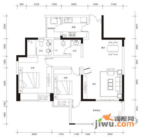 圣菲壹号2室2厅2卫98.3㎡户型图