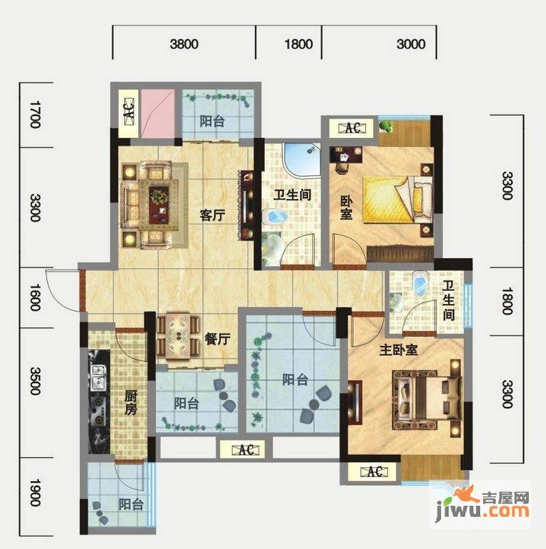 外城泰兴里2室2厅2卫87.6㎡户型图