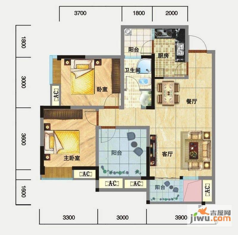 外城泰兴里2室2厅1卫85㎡户型图