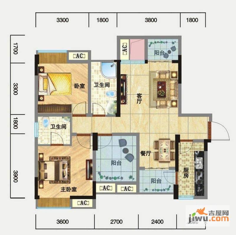 外城泰兴里2室2厅2卫90.3㎡户型图