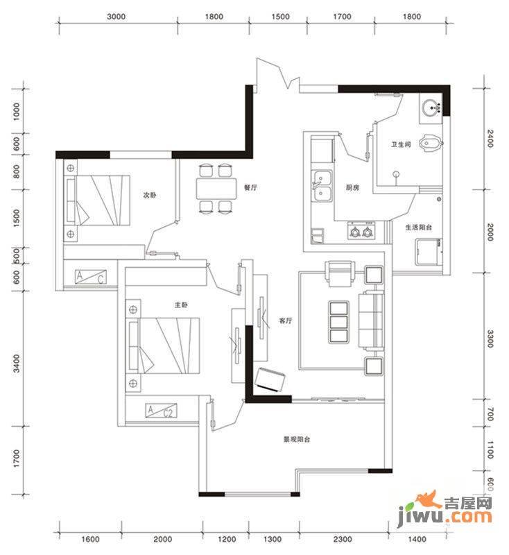 圣菲壹号2室2厅1卫74.9㎡户型图