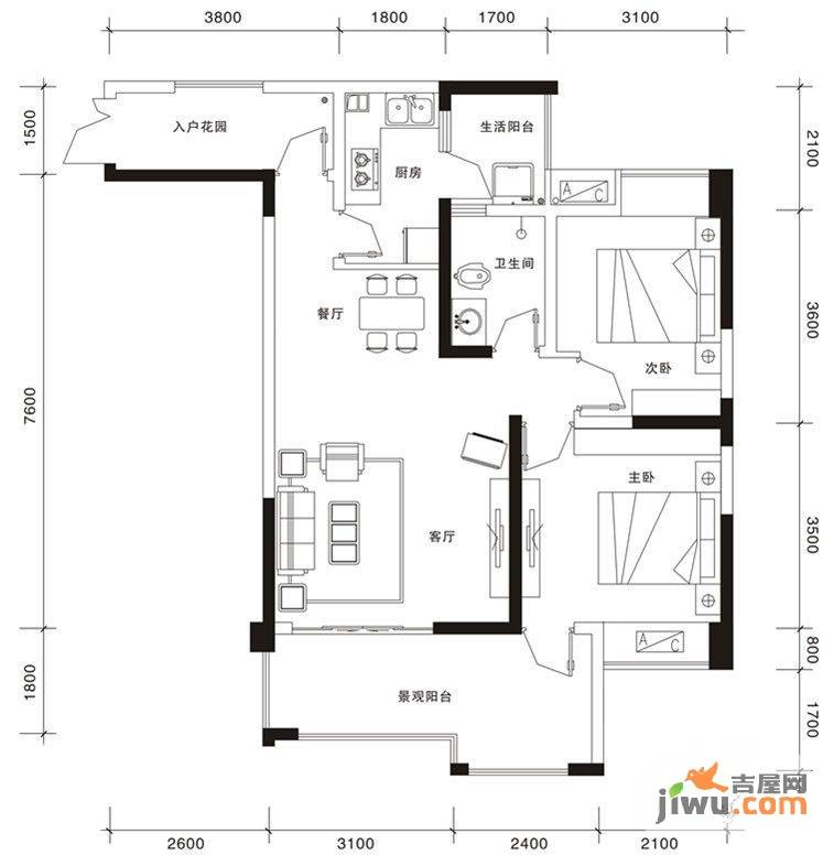 圣菲壹号2室2厅1卫81.7㎡户型图