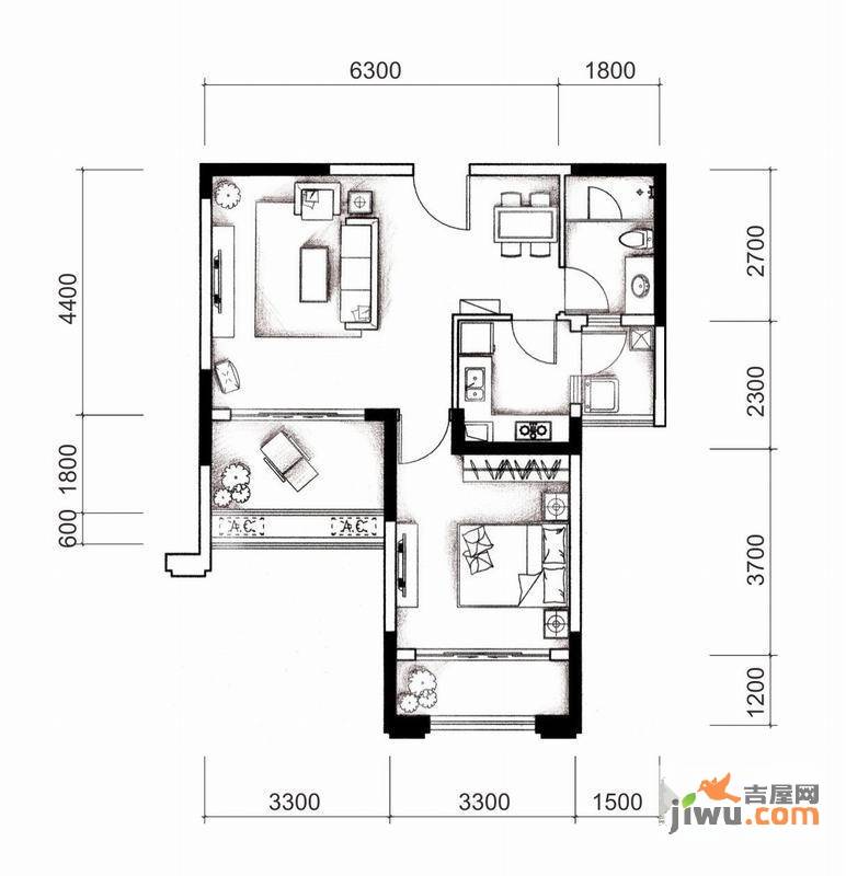 城南优品道广场1室2厅1卫63㎡户型图