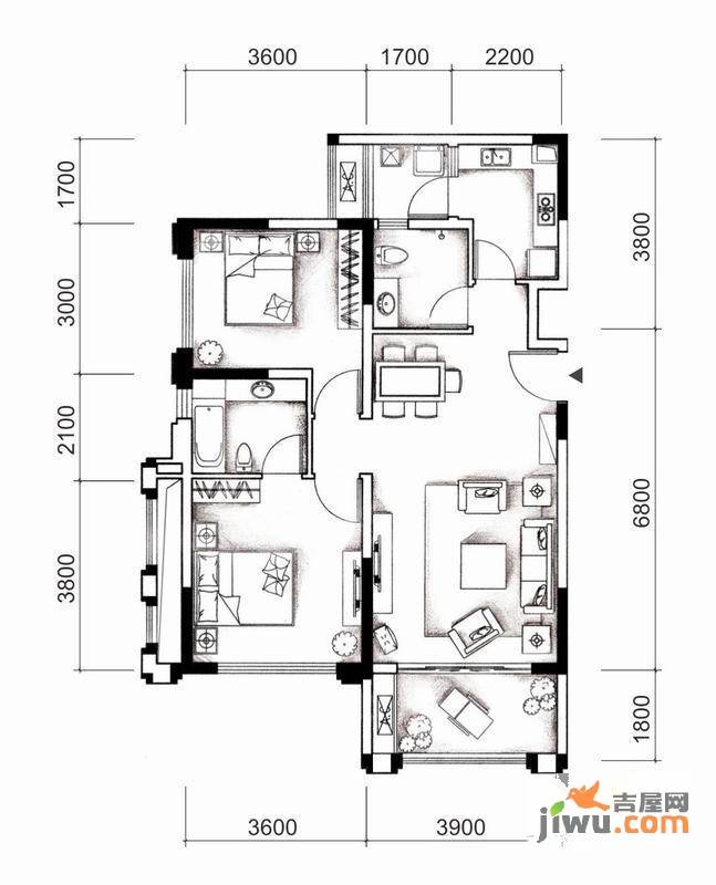 城南优品道广场2室2厅2卫88㎡户型图