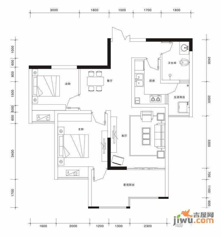 圣菲壹号2室2厅1卫74.9㎡户型图