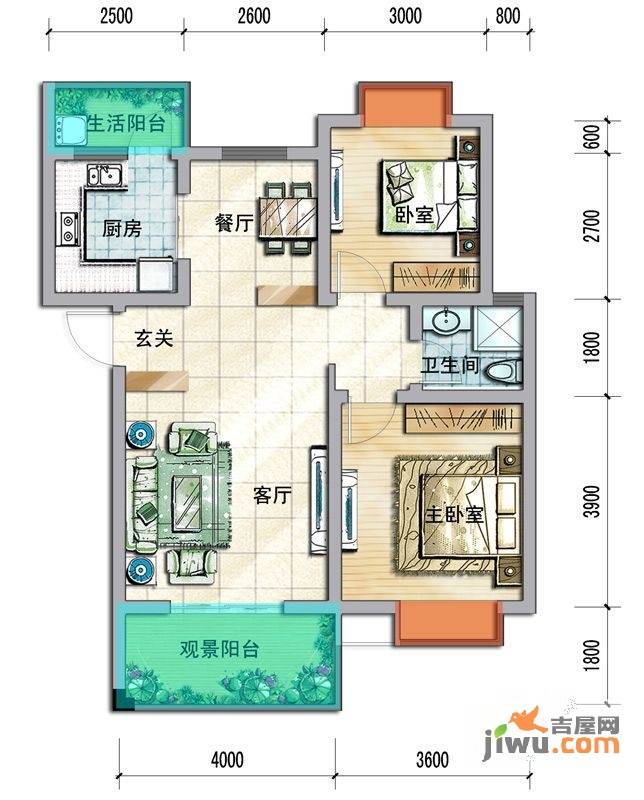 蜀郡清上居2室2厅1卫84㎡户型图