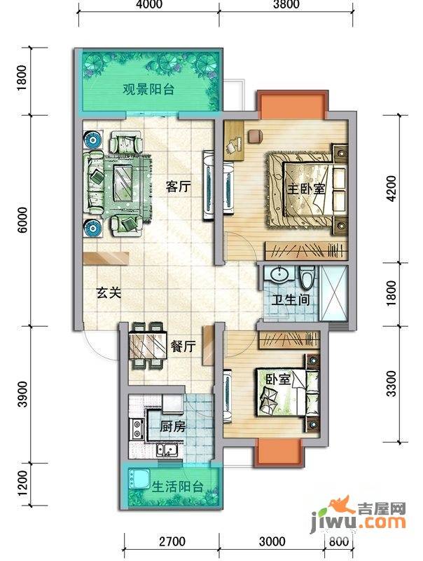 蜀郡清上居2室2厅1卫84.4㎡户型图