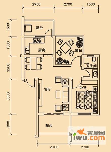 青城美地1室2厅1卫52.8㎡户型图