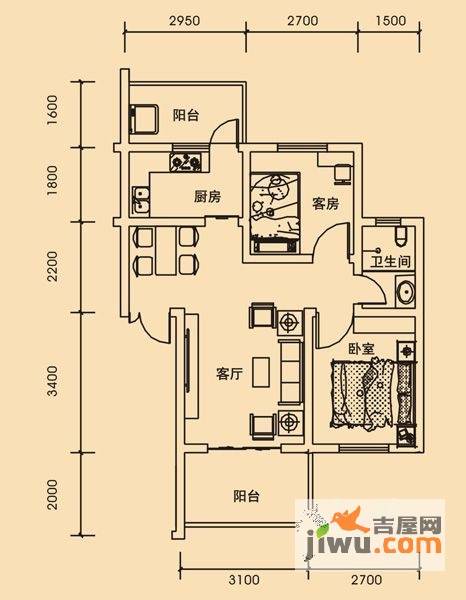 青城美地2室2厅1卫60㎡户型图