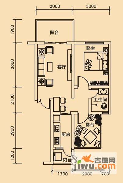 青城美地1室2厅1卫50.5㎡户型图