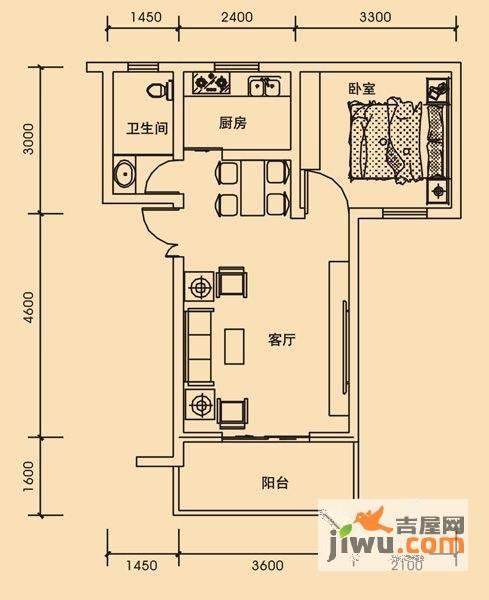 青城美地1室2厅1卫50.8㎡户型图