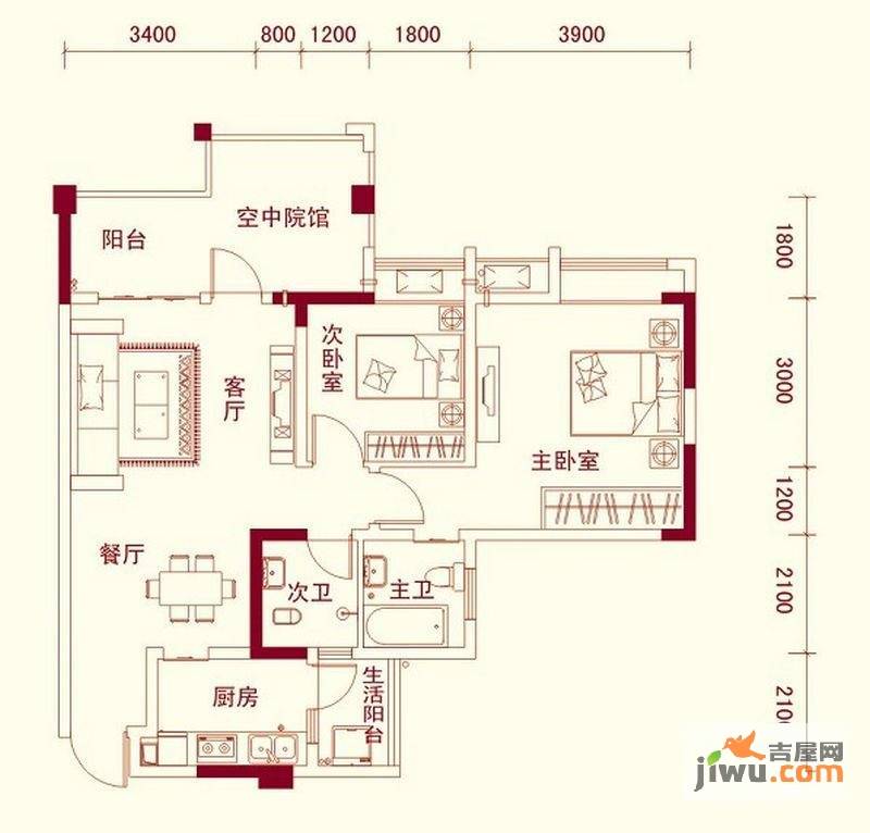 龙腾嘉园2室2厅2卫92.2㎡户型图