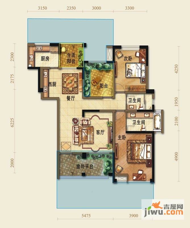 幸福世家2室2厅2卫123.5㎡户型图