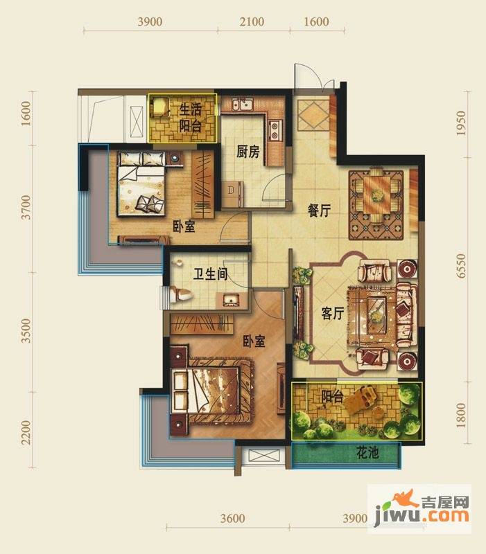 幸福世家2室2厅1卫90.7㎡户型图