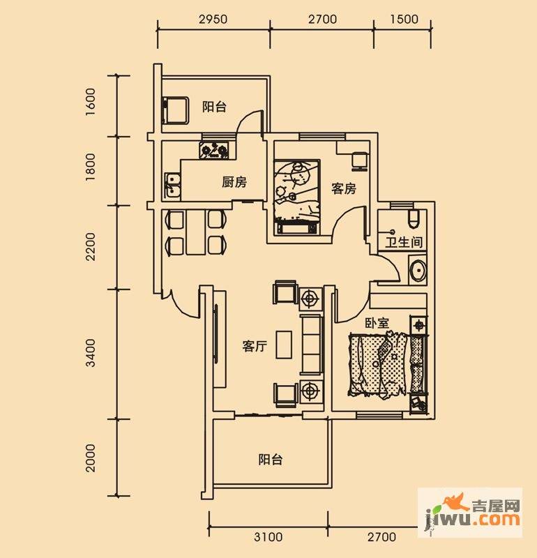 青城美地2室2厅1卫60㎡户型图