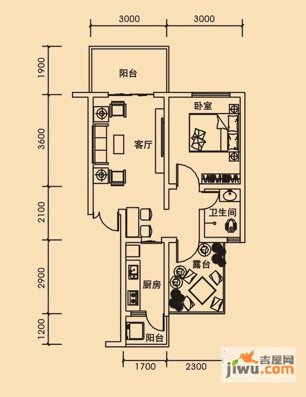 青城美地1室2厅1卫50.5㎡户型图