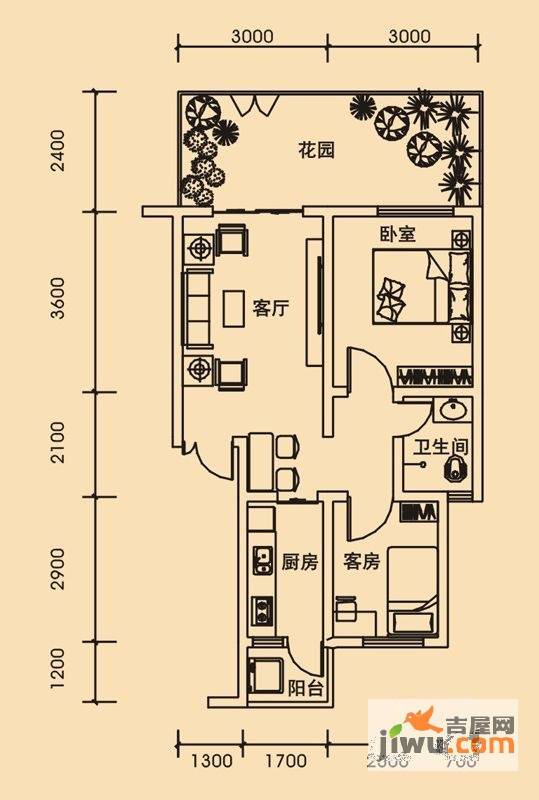 青城美地2室2厅1卫54.4㎡户型图