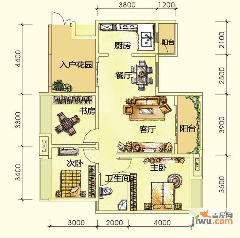 御城华府揽胜3室2厅1卫88.5㎡户型图