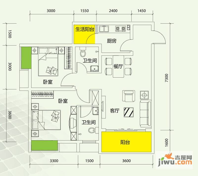 千山美林2室2厅1卫67.3㎡户型图