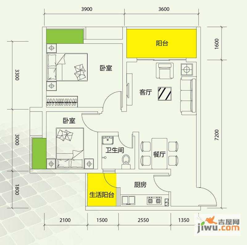 千山美林2室2厅1卫67.3㎡户型图