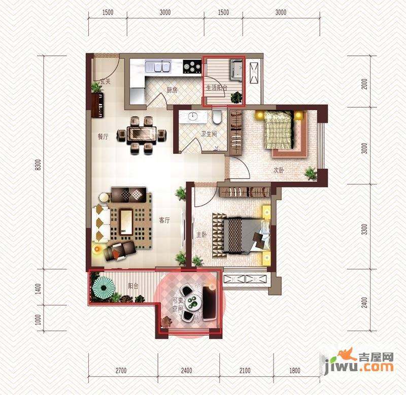 旭辉新里城2室2厅1卫66.2㎡户型图