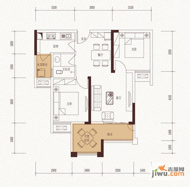 旭辉新里城2室2厅1卫60.2㎡户型图