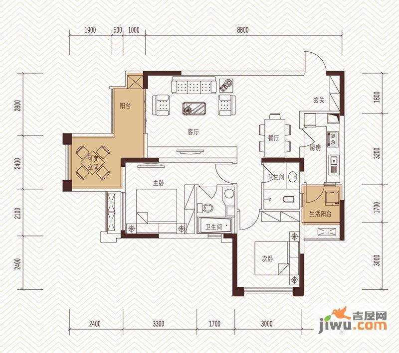 旭辉新里城2室2厅2卫77.7㎡户型图