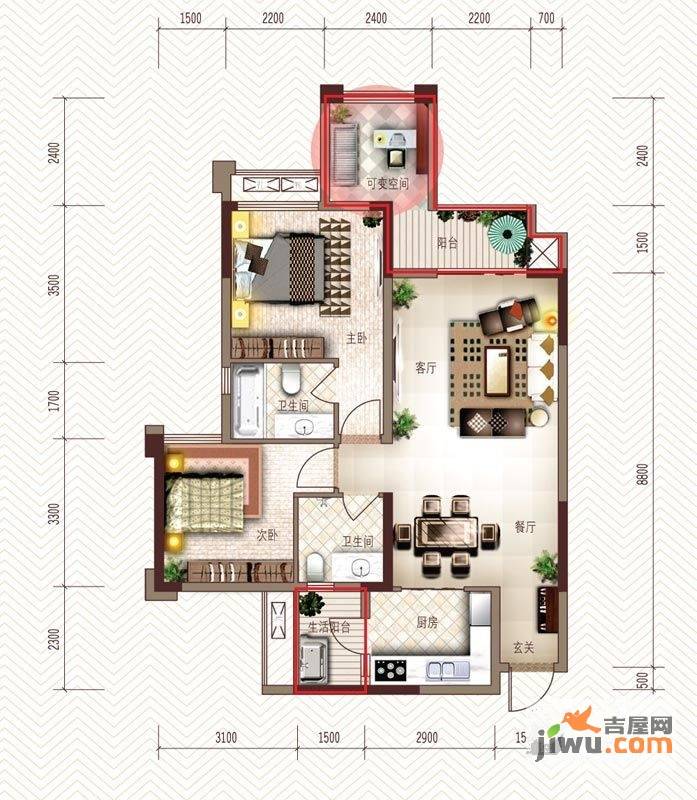 旭辉新里城2室2厅2卫79.7㎡户型图