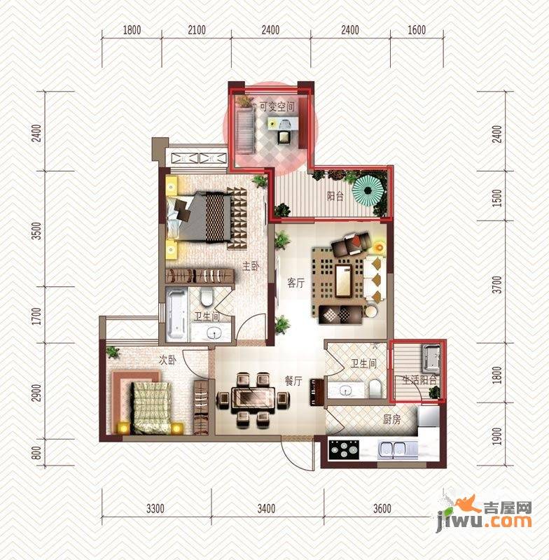 旭辉新里城2室2厅2卫67.4㎡户型图