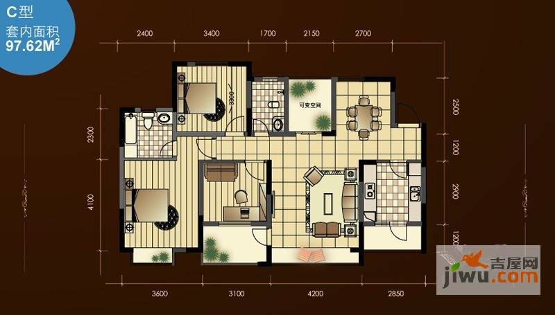 申烨太阳城二期3室2厅2卫97.6㎡户型图