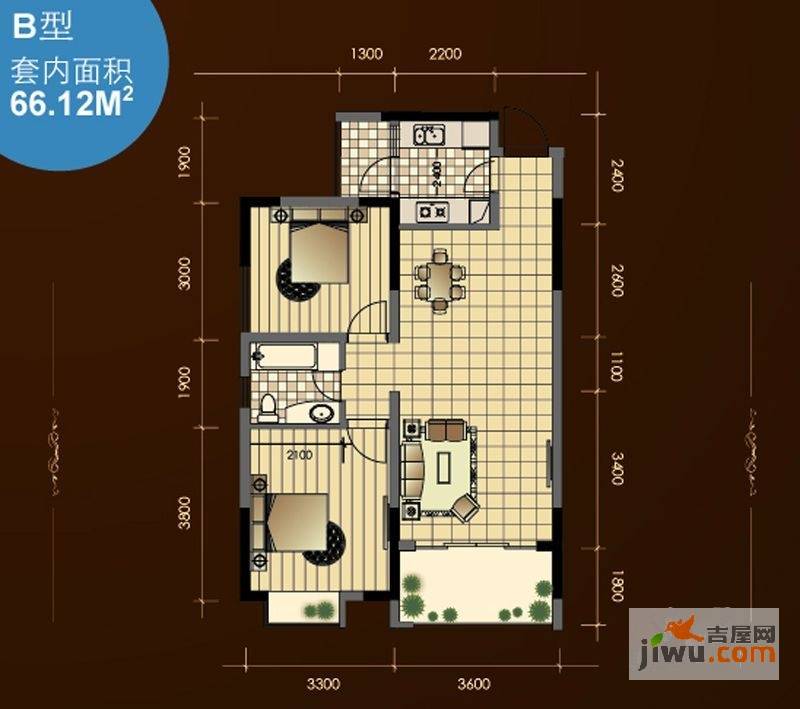 申烨太阳城二期2室2厅1卫66.1㎡户型图