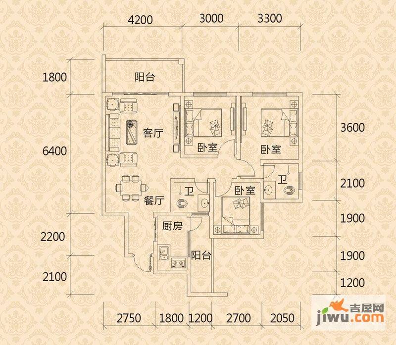 金桥新城3室2厅2卫97.4㎡户型图