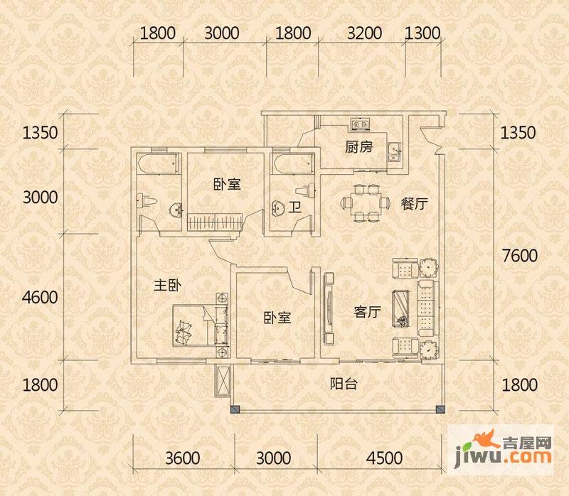 金桥新城3室2厅2卫107.8㎡户型图