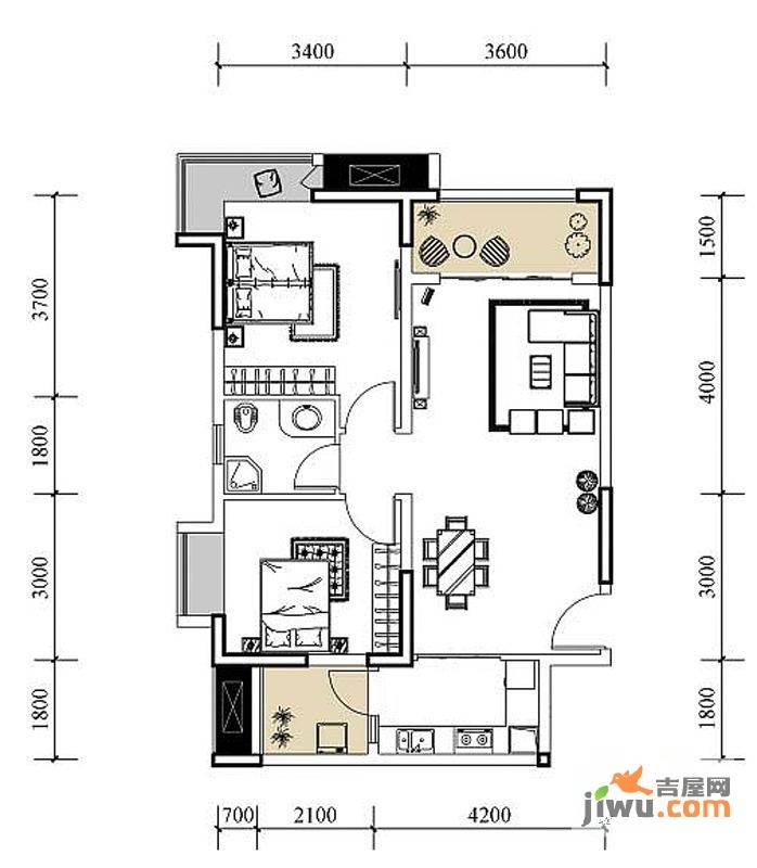 中房千寻2室2厅1卫64.1㎡户型图